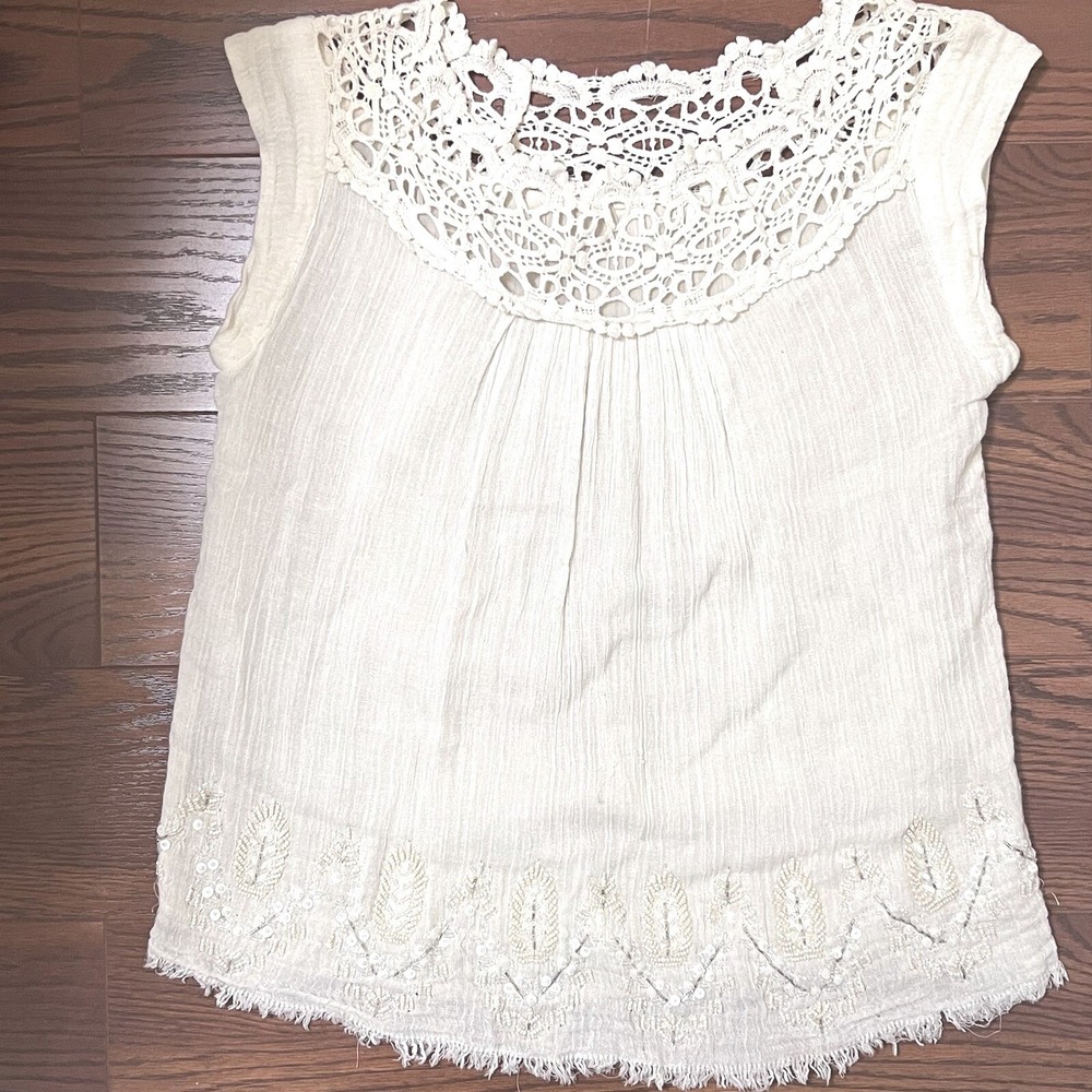 Floret Anthropologie Blouse Women Size 2 White Excellent Crochet Beaded Boho Top